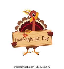 Turkey Holding a Board with Greeting on Thanksgiving, Vector Illustration