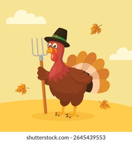 Turkey holding a fork, Happy Thanksgiving Illustration in autumn session