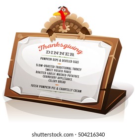 Turkey Holding Thanksgiving Dinner Menu/
Illustration of a cartoon turkey character holding wood sign with paper, with dinner menu and recipes examples for traditional thanksgiving holidays