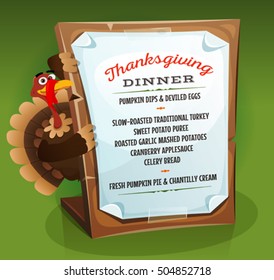 Turkey Holding Thanksgiving Dinner Menu/
Illustration of a cartoon turkey character holding wood sign with dinner menu and recipe example for traditional thanksgiving holidays, on green background