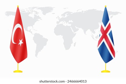 Turkey and Iceland flags for official meeting against background of world map.