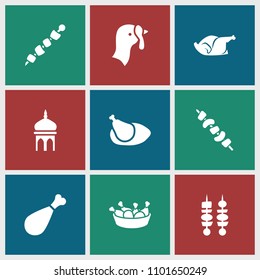 Turkey icon. collection of 9 turkey filled icons such as chicken leg, chicken, kebab, mosque. editable turkey icons for web and mobile.