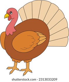 Turkey icon image in cartoon style. flat vector illustration, Happy Thanksgiving Turkey Bird Cartoon Character, spreading tail feathers, Turkey Animal Cartoon Colored Clipart Illustration, 