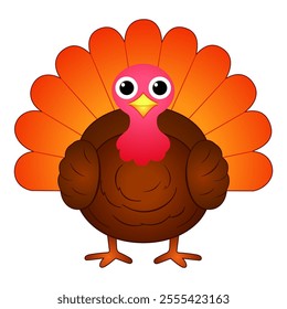 Turkey icon image in cartoon style. flat vector illustration, Happy Thanksgiving Turkey Bird Cartoon Character, spreading tail feathers, Turkey Animal Cartoon Colored Clipart Illustration,