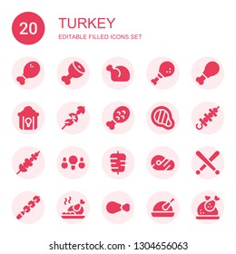 turkey icon set. Collection of 20 filled turkey icons included Chicken leg, Ham leg, Chicken, Fried chicken, Skewer, Meat, Kebab, Drumsticks, Roast Turkey