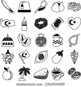 Turkey icon set Flag, Kebab, Hagia Sophia, Galata Tower, Culture ,collection. Vector illustration in hand drawn style