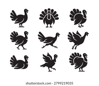 Turkey Icon Set – Minimalist Flat Vector Silhouettes, Geometric Farm Bird Logo Collection, Black and White Isolated Clipart