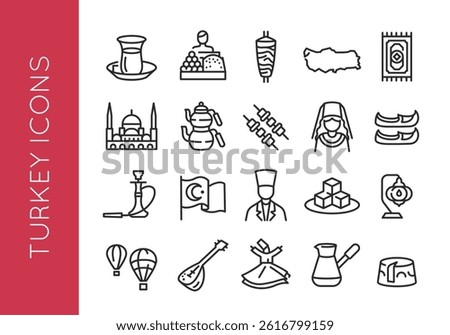 Turkey icons. Set of 20 Turkey trendy minimal icons. Example: Coffee, Genie Lamp, Mosque, Tea. Design signs for web page, mobile app, packaging design. Vector illustration.