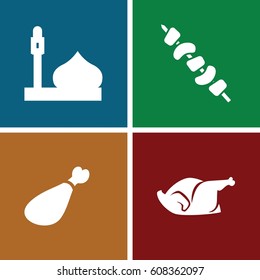 Turkey icons set. set of 4 turkey filled icons such as mosque, chicken, kebab