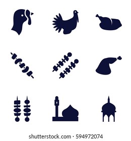 turkey icons set. Set of 9 turkey filled icons such as turkey, mosque, meat leg, kebab