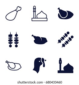 Turkey icons set. set of 9 turkey filled and outline icons such as turkey, mosque, kebab, chicken