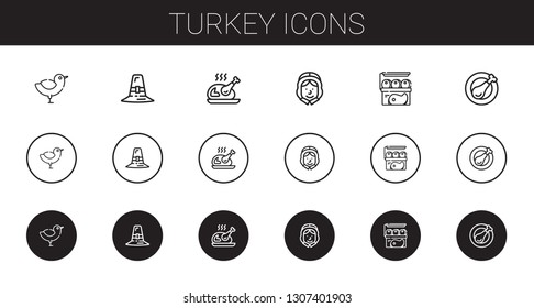 turkey icons set. Collection of turkey with chicken, pilgrim, meat, chicken leg. Editable and scalable turkey icons.