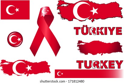 Turkey Icons. Set of vector graphic images and symbols representing Turkey.The text says 'Turkey' in Turkish.