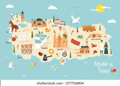 Turkey illustrated map with famous landmarks, symbols. For prints, tourist posters, travel guides, festivals