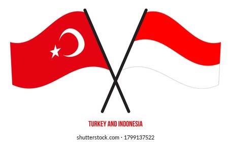 Turkey and Indonesia Flags Crossed And Waving Flat Style. Official Proportion. Correct Colors.