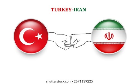 turkey and iran flags in circle with punches hand. turkey And iran clash. turkey And iran flags, isolated on white background. Vector icon set. Vector illustration.