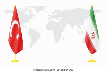 Turkey and Iran flags for official meeting against background of world map.