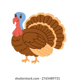 Turkey Isolated on White Background. Сute Farm Animal.  Livestock Poultry Concept. Happy Thanksgiving Element. Flat Vector Illustration.