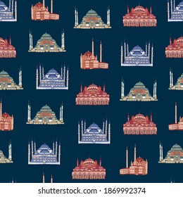 Turkey Istanbul architecture mosque objects seamless vector hand drawn pattern