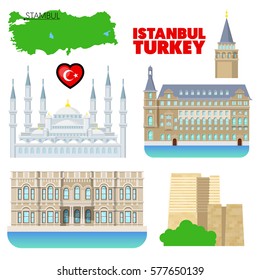 Turkey Istanbul Travel Set with Architecture and Flag. Vector doodle