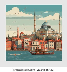 Turkey Istanbul vector illustration mosque water boat