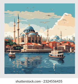 Turkey Istanbul vector illustration mosque water boat