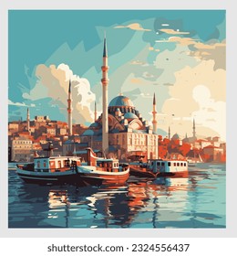 Turkey Istanbul vector illustration mosque water boat