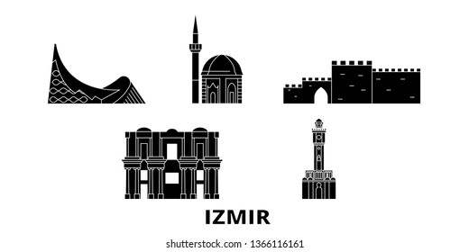 Turkey, Izmir flat travel skyline set. Turkey, Izmir black city vector illustration, symbol, travel sights, landmarks.