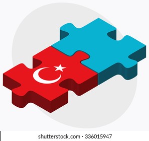 Turkey and Kazakhstan Flags in puzzle isolated on white background