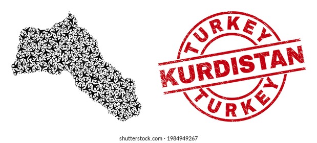 Turkey Kurdistan distress stamp, and Kurdistan map mosaic of air plane items. Mosaic Kurdistan map designed with aeroplanes. Red watermark with Turkey Kurdistan text, and distress rubber texture.