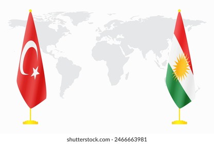 Banderas de Turquía y Kurdistán para reunión oficial contra fondo de mapa mundial.