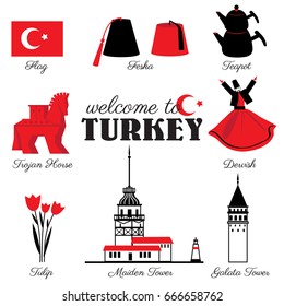 Turkey landmark Maiden tower, Galata tower, turkish symbols set flag, Trojan horse, dervish, tulip flower, fez, teapot cartoon vector illustration travel icons, decorative sign for design advertising