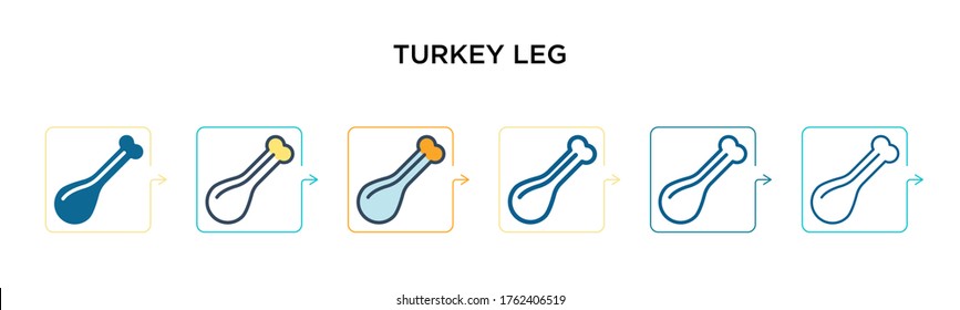 Icono del vector de piernas de Turquía en 6 estilos modernos diferentes. Iconos negros, de dos colores para las piernas de pavo diseñados en el estilo relleno, contorno, línea y trazo. La ilustración vectorial se puede usar para web, móvil, ui