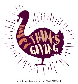 Turkey with lettering text Happy Thanksgiving. Vector sticker.