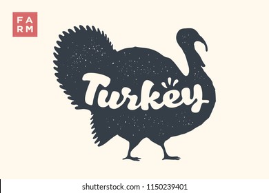 Turkey. Lettering, typography. Animal silhouette turkey and lettering Turkey. Creative graphic design for butcher shop, farmer market, Thanksgiving Day. Vintage poster. Vector Illustration