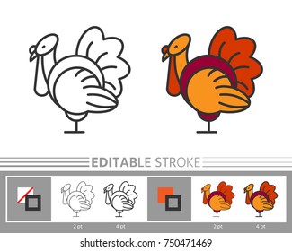 Turkey linear icon without and with colour fill. Editable stroke, different color filling and any background. Simple outline sign. Web, print, logo, coloring book concept. Isolated vector illustration