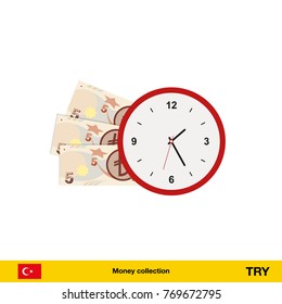 turkey lira  banknote. Time is money concept vector illustration.
