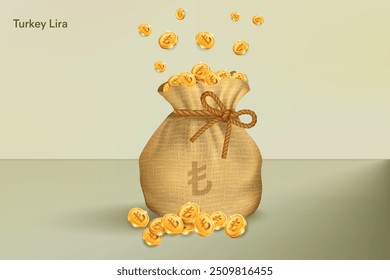 Turkey Lira Gold Coins Falling in Sack of Bag. Realistic 3D gold coins. Vector Illustration Concept for Savings, Casino, Fortune, Profit etc.	