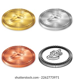 Turca Lira (TRY) 2.5D Vista de proyección isométrica Moneda Símbolo Vector Diseño Oro, Plata, Cobre (Bronce) y Moneda de Silueta Aislada en Fondo Blanco