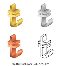Turkey Lira (TRY) 2.5D Isometric Left View Currency Symbol Vector Design Set of Gold, Silver Gray, Copper, Line Art (Wireframe) Icon Isolated on White Background