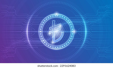 Símbolo de moneda de la lira turca (TRY) Futurista Neon Glow Cybernetic Digital Circuit Cryptocurrency Backdrop Diseño de fondo Ilustración