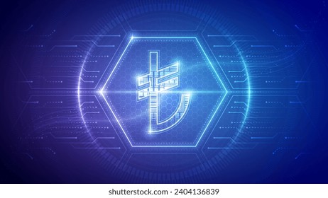 Turkey Lira (TRY), Futuristic Currency Finance Symbol, Hologram Cybernetic Neon Glow Translucent Circuit Board Digital Technology Hexagon Block Backdrop Background