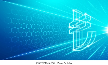 Turkey Lira (TRY) Futuristic Hologram Neon Glow Perspective View National Currency Sign Symbol Fast Transaction Exchange Speed Hologram Design Backdrop Background Illustration