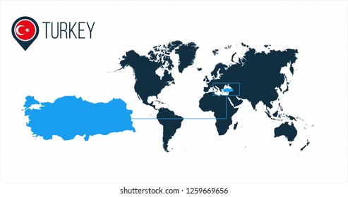 Turkey location on the world map for infographics. All world countries without names. Turkey round flag in the map pin or marker. vector illustration on stripped background.