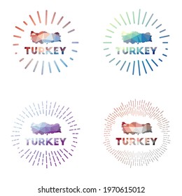 Turkey low poly sunburst set. Logo of the country in geometric polygonal style. Vector illustration.