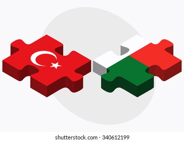 Turkey and Madagascar Flags in puzzle isolated on white background