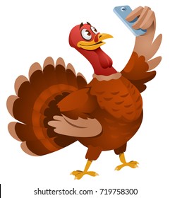 Turkey making selfie. Thanksgiving Day. Cartoon styled vector illustration. Elements is grouped. No transparent objects. Isolated on white.