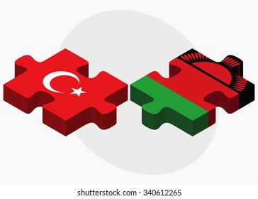 Turkey and Malawi Flags in puzzle isolated on white background
