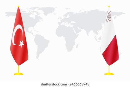 Turkey and Malta flags for official meeting against background of world map.