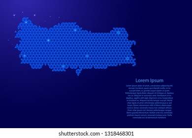 Turkey map abstract schematic from blue triangles repeating pattern geometric background with nodes and space stars for banner, poster, greeting card. Vector illustration.